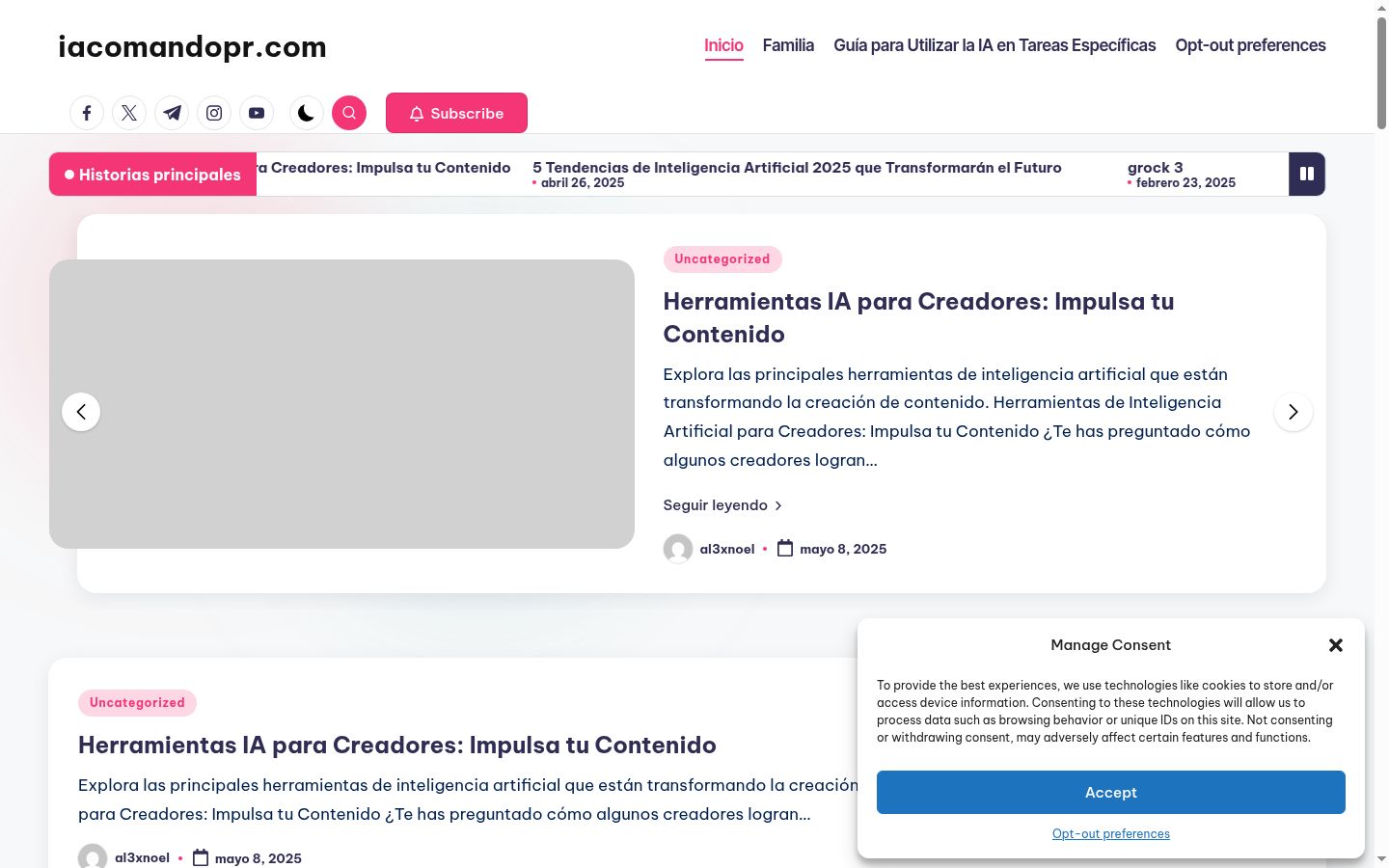 Captura de pantalla del banner de consentimiento mostrado antes de cualquier interacción