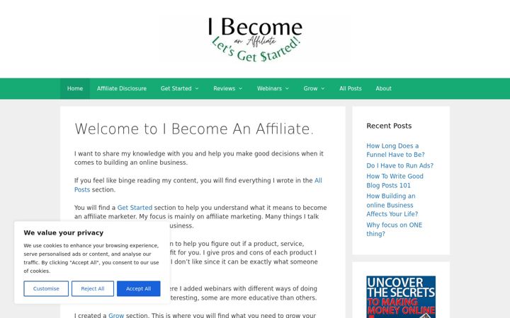 Screenshot of ibecomeanaffiliate.com