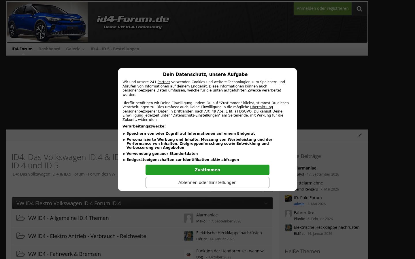 Screenshot des Einwilligungsbanners vor jeglicher Interaktion