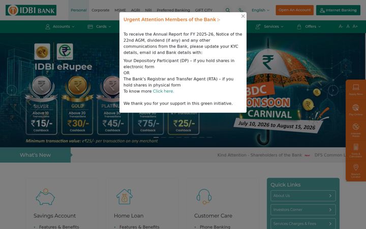 Screenshot of idbibank.in