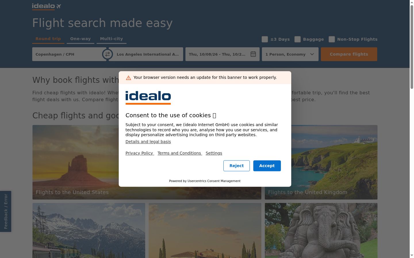 Screenshot del banner di consenso mostrato prima di qualsiasi interazione