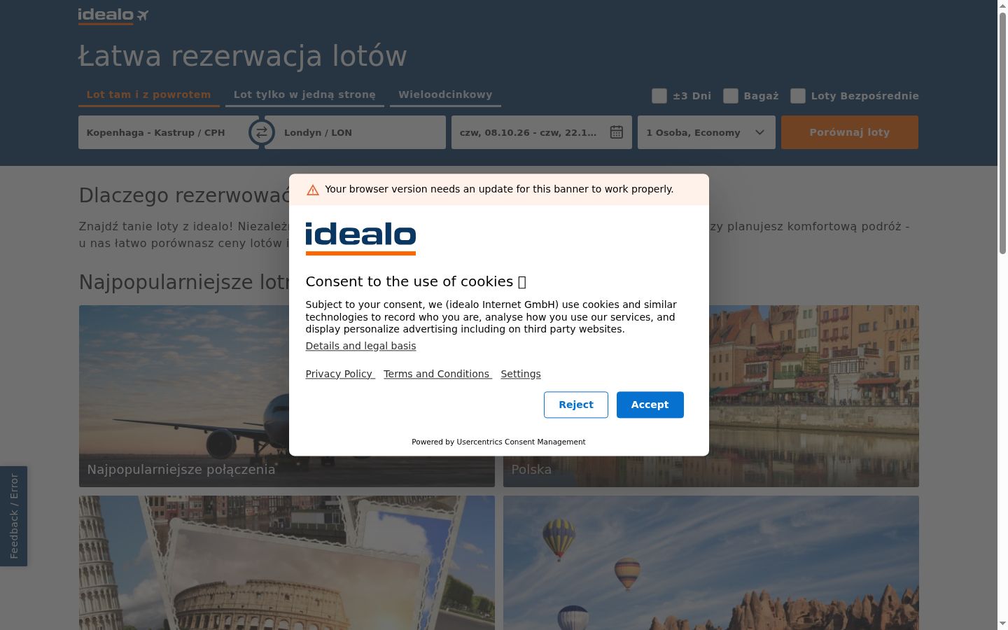 Captura de ecrã do banner de consentimento apresentado antes de qualquer interação