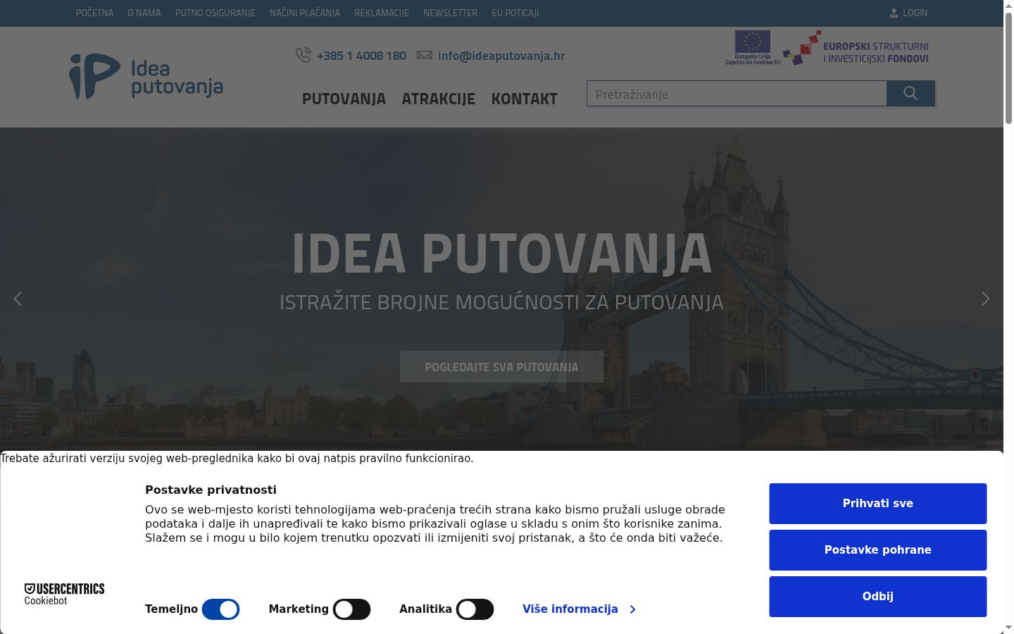 Snimka zaslona bannera za privolu prikazanog prije bilo kakve interakcije