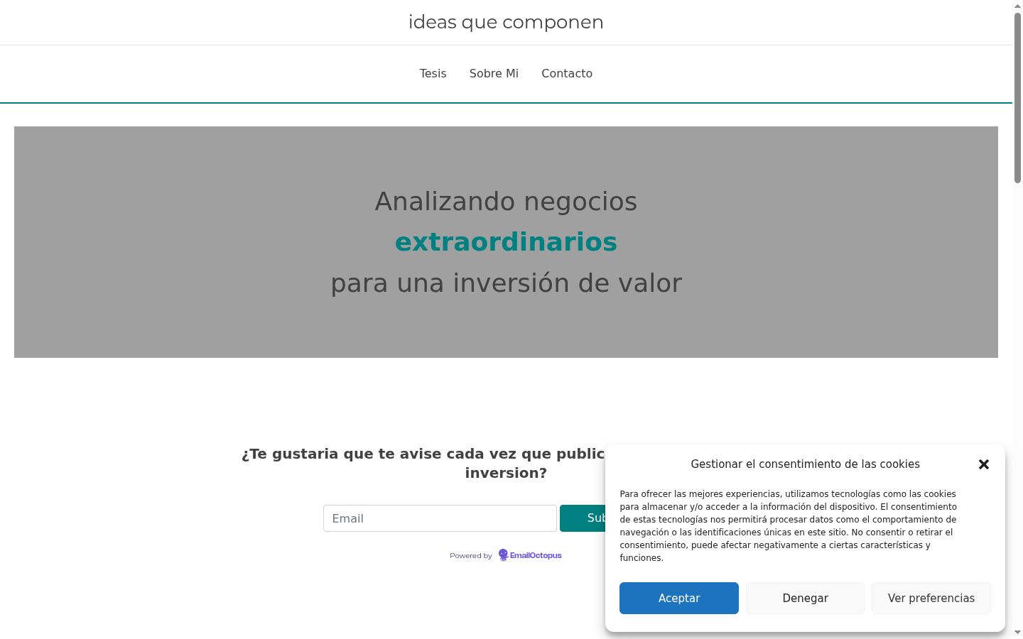 Captura de pantalla del banner de consentimiento mostrado antes de cualquier interacción