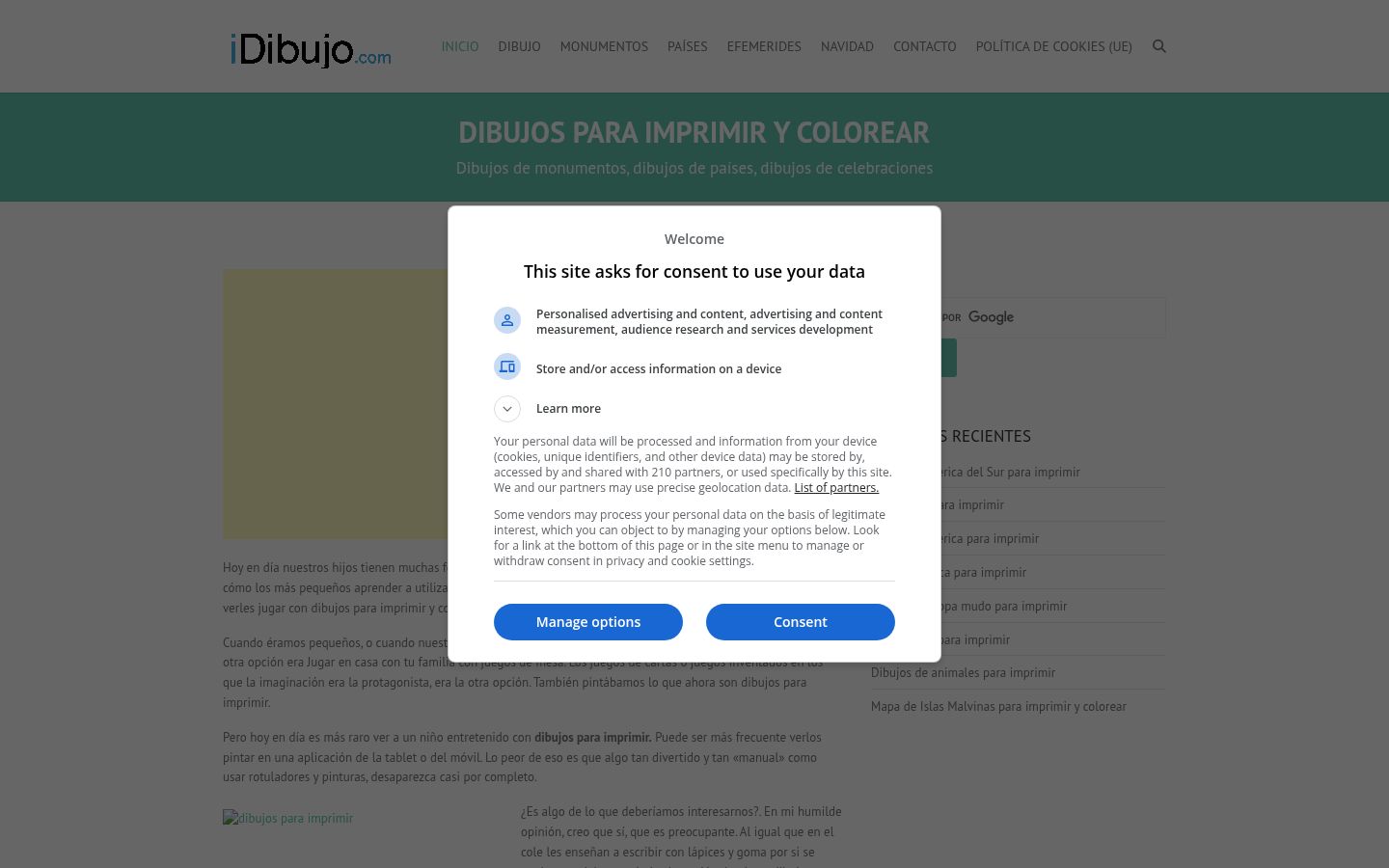 Screenshot del banner di consenso mostrato prima di qualsiasi interazione