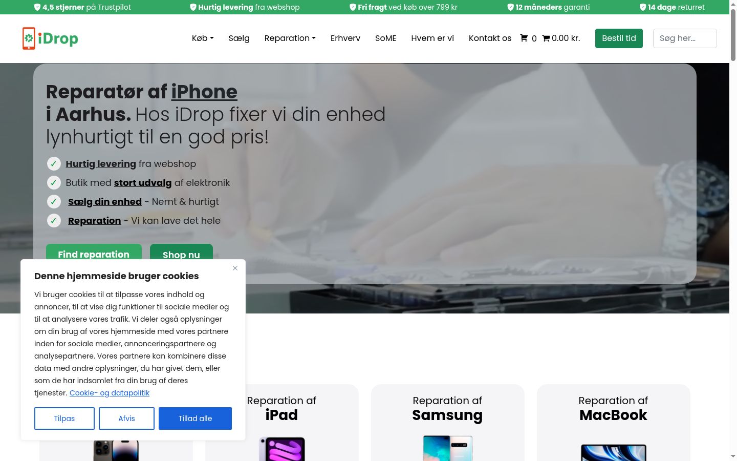 Skærmbillede af samtykkebanneret, som det blev vist før nogen interaktion