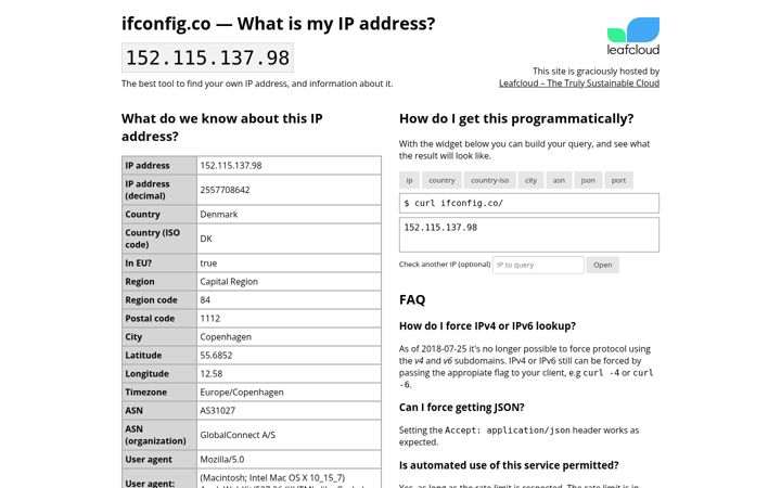 Screenshot του ifconfig.co