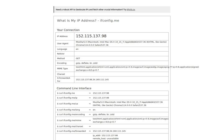 Snimka zaslona za ifconfig.me