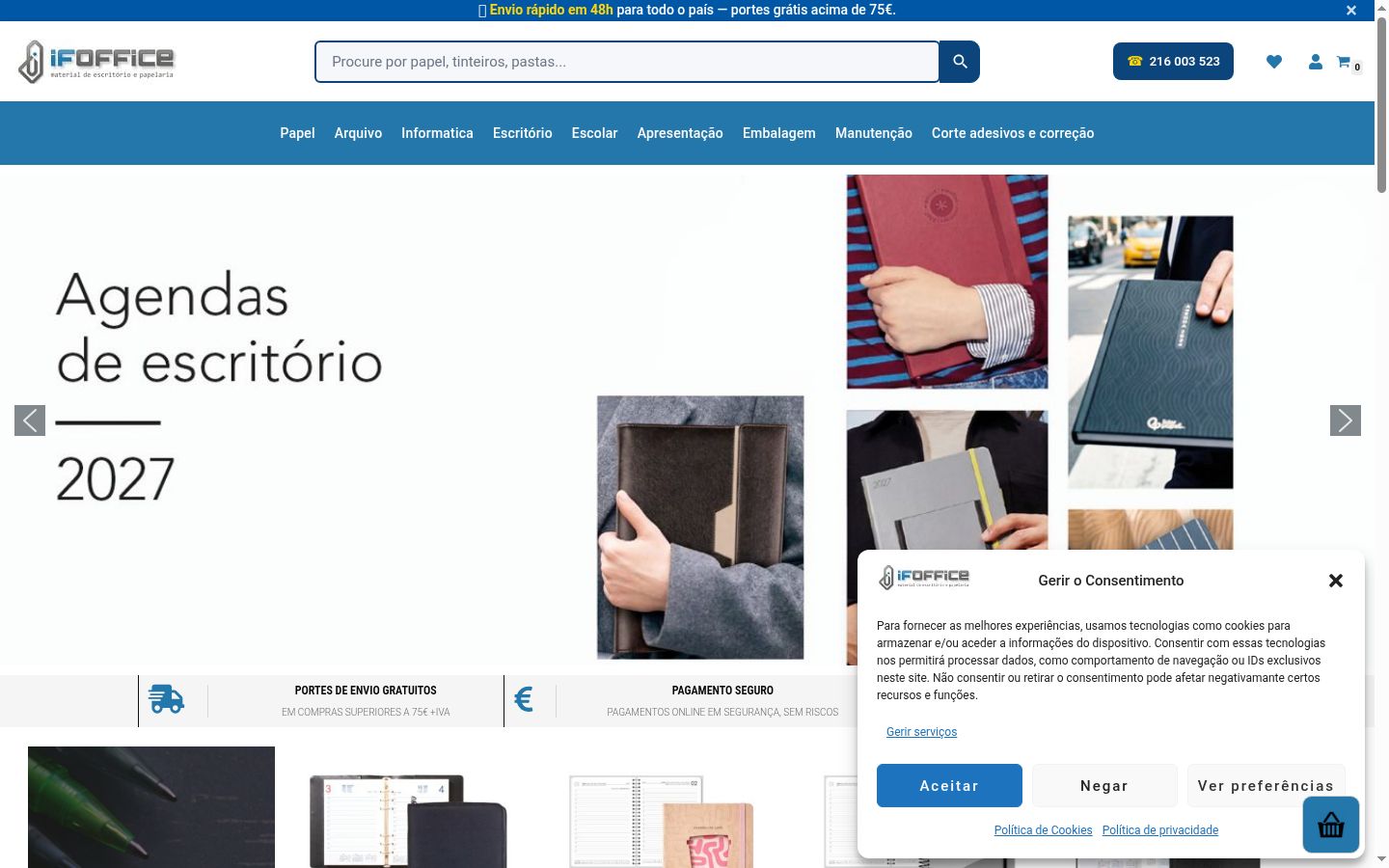 Captura de ecrã do banner de consentimento apresentado antes de qualquer interação