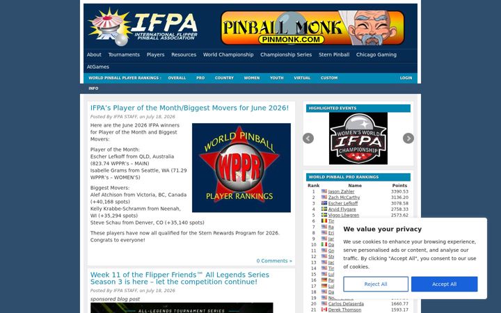 Screenshot of ifpapinball.com