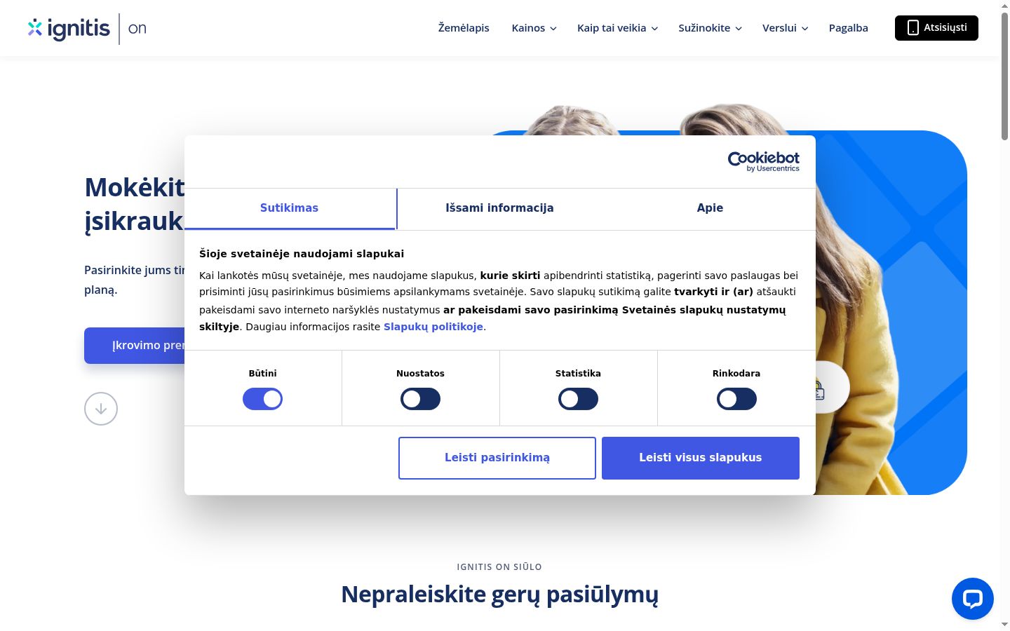Posnetek zaslona pasice za privolitev, prikazane pred kakršno koli interakcijo