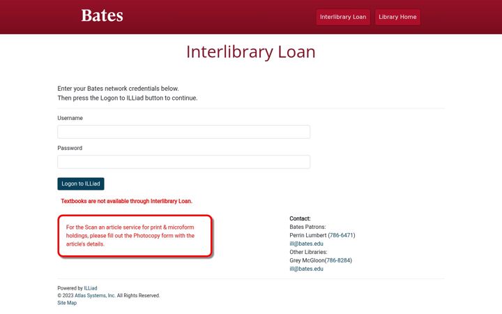 Screenshot of illiad.bates.edu