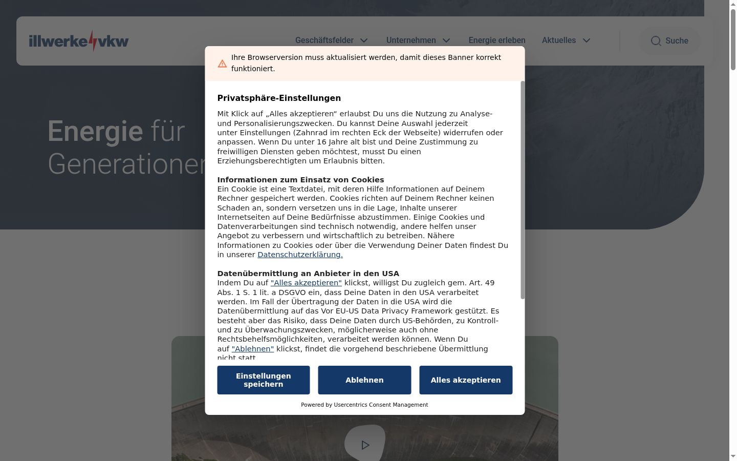 Captură de ecran a bannerului de consimțământ afișat înainte de orice interacțiune