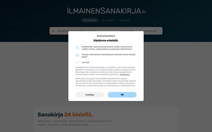 Screenshot of ilmainensanakirja.fi