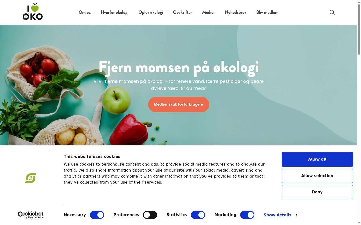 Skærmbillede af samtykkebanneret, som det blev vist før nogen interaktion