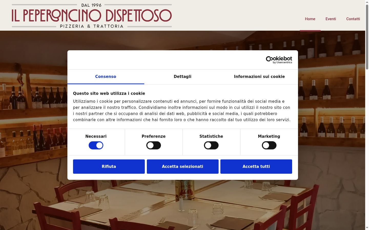 Screenshot del banner di consenso mostrato prima di qualsiasi interazione