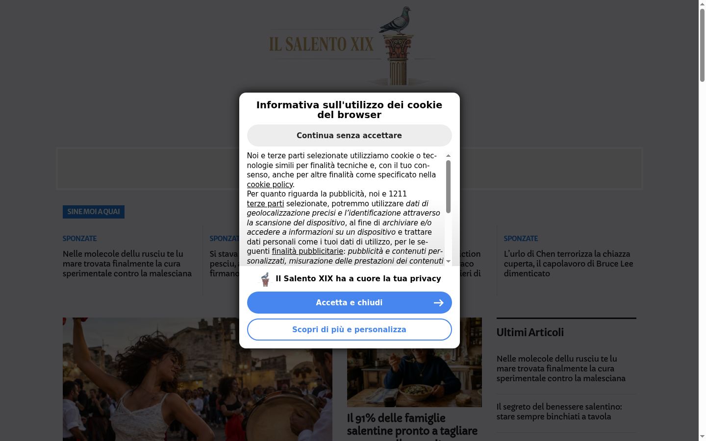Screenshot del banner di consenso mostrato prima di qualsiasi interazione