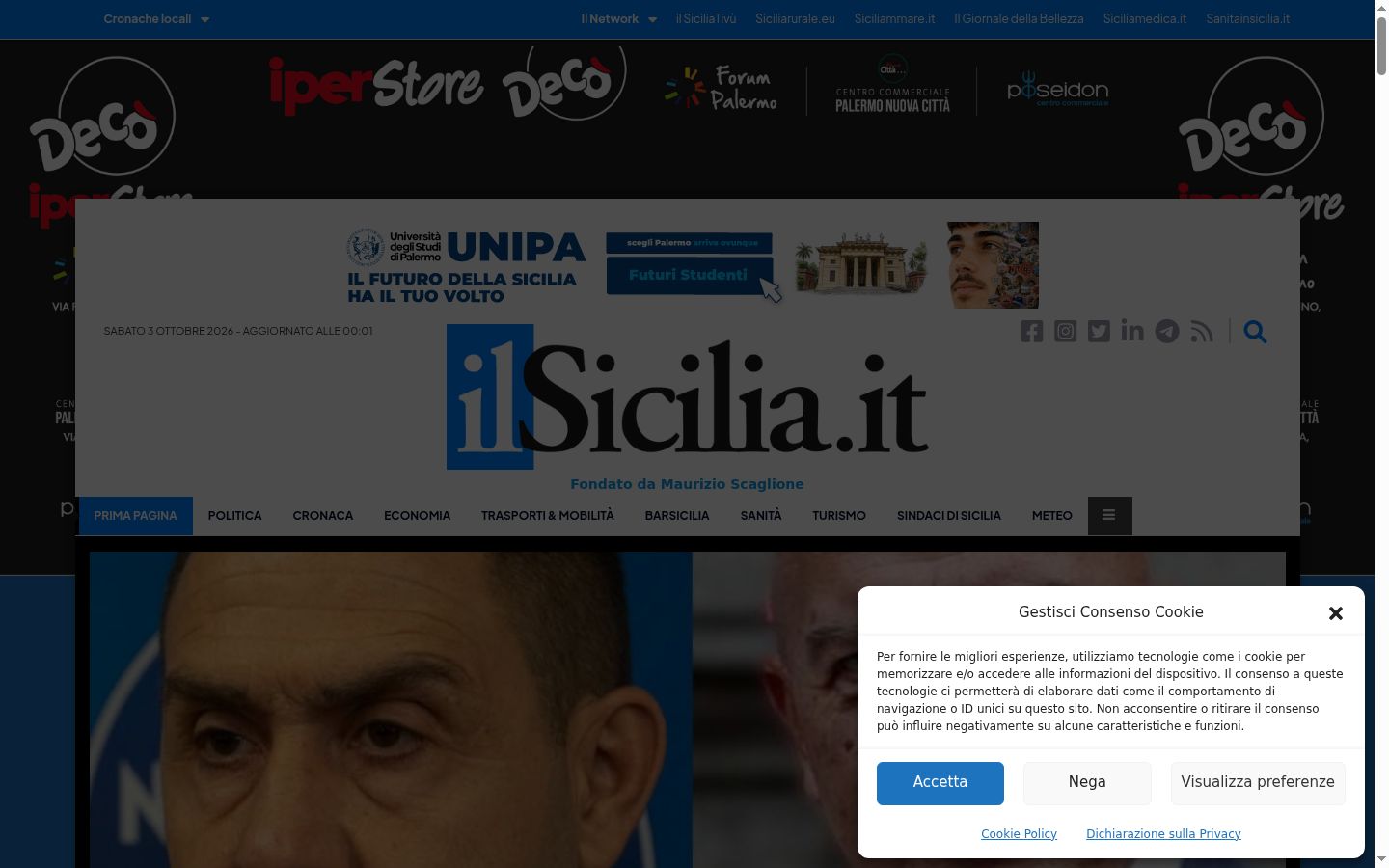 Screenshot del banner di consenso mostrato prima di qualsiasi interazione