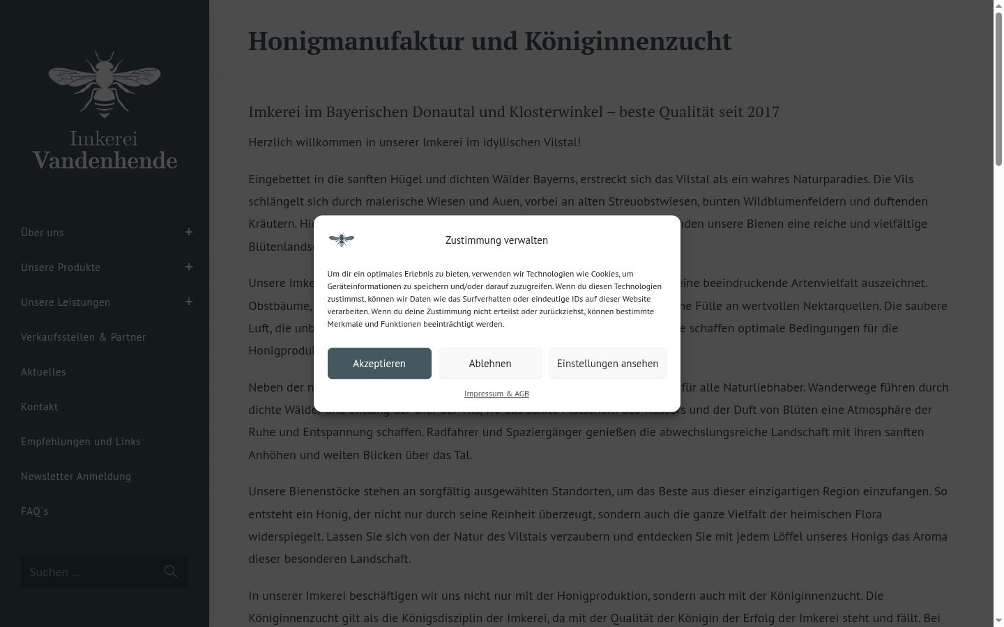 Screenshot des Einwilligungsbanners vor jeglicher Interaktion