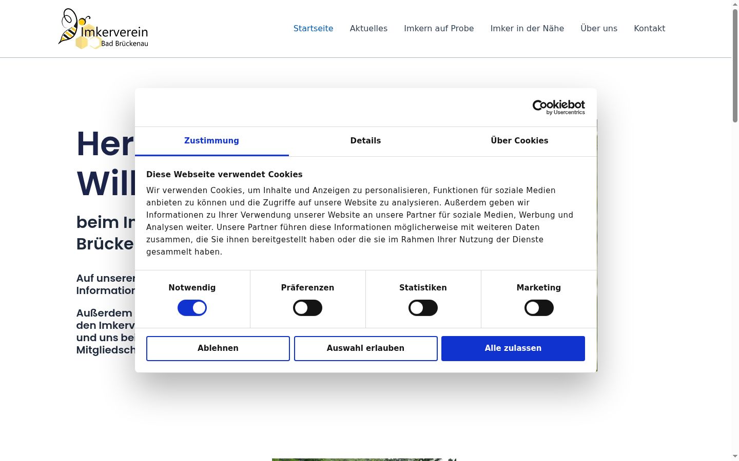 Screenshot des Einwilligungsbanners vor jeglicher Interaktion