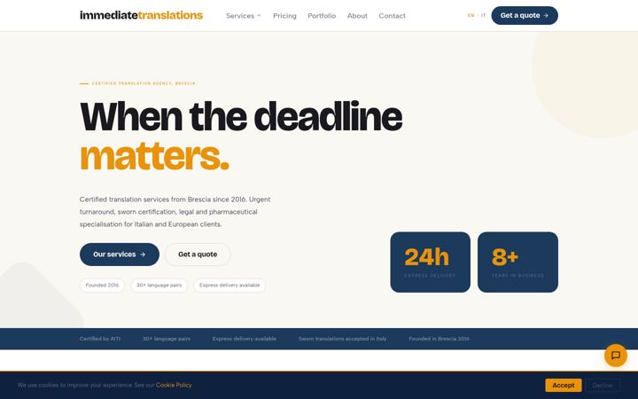 Screenshot of immediatetranslations.com