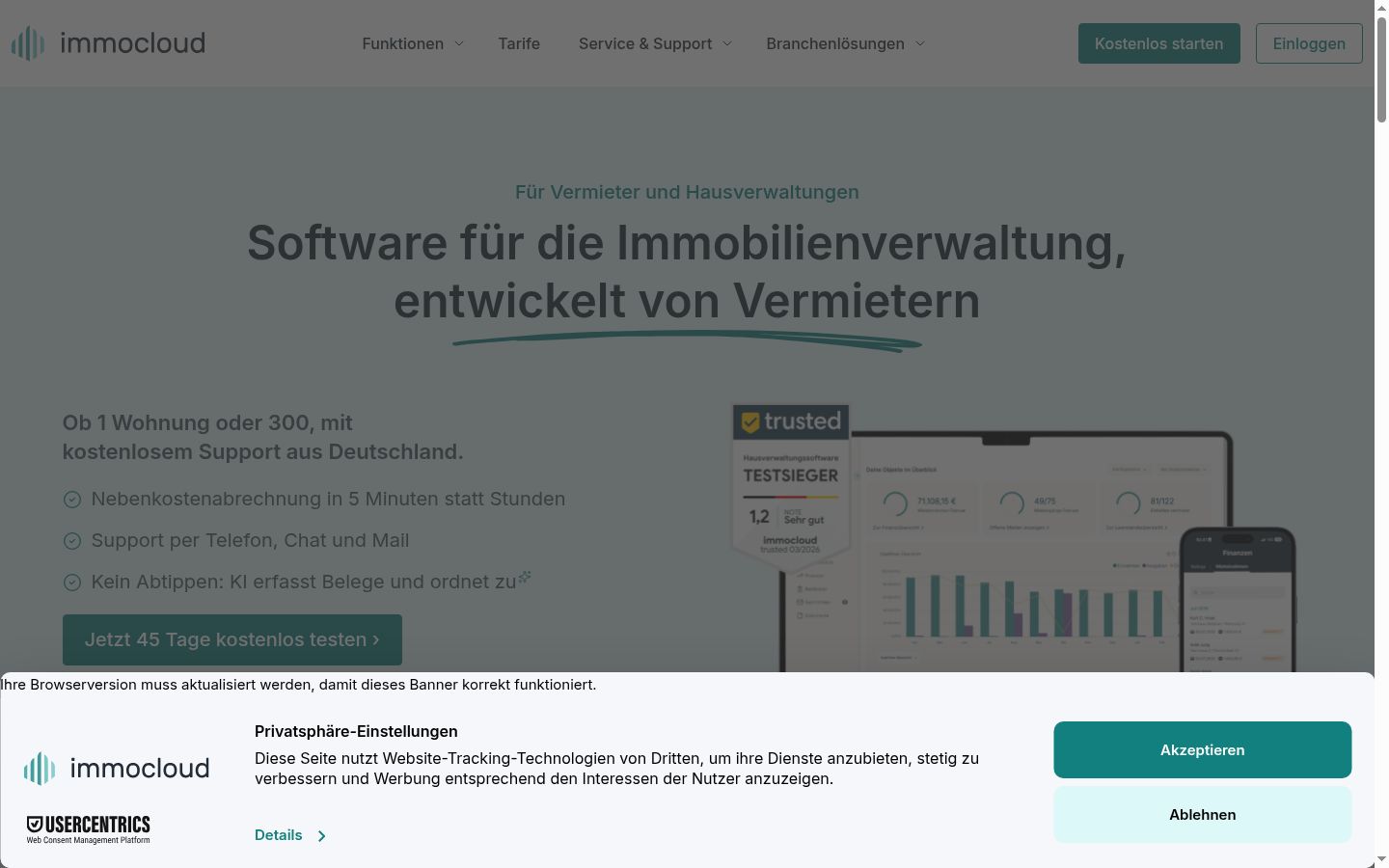 Screenshot des Einwilligungsbanners vor jeglicher Interaktion
