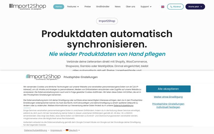 Skærmbillede af import2shop.com