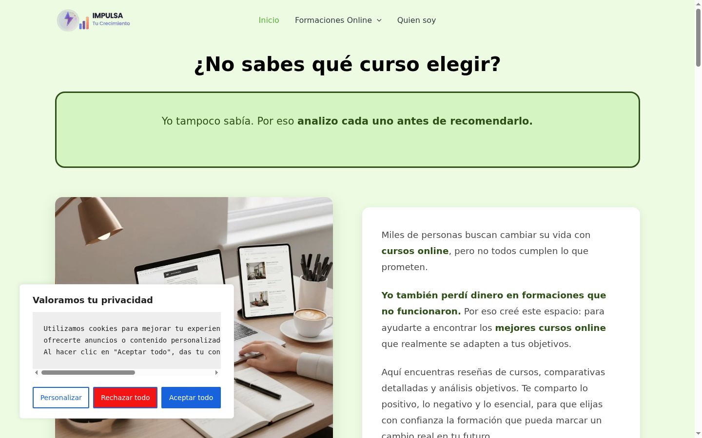 Captura de pantalla del banner de consentimiento mostrado antes de cualquier interacción