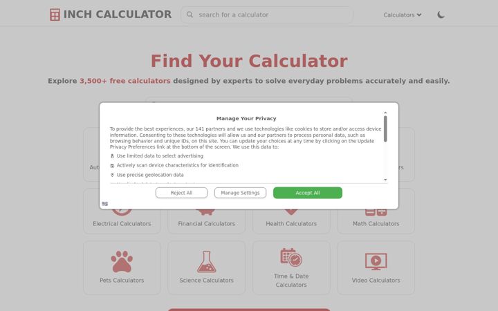 Ekrano kopija inchcalculator.com