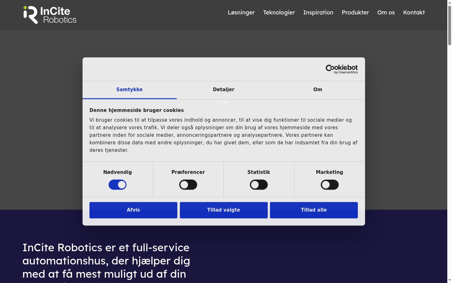 Skærmbillede af samtykkebanneret, som det blev vist før nogen interaktion