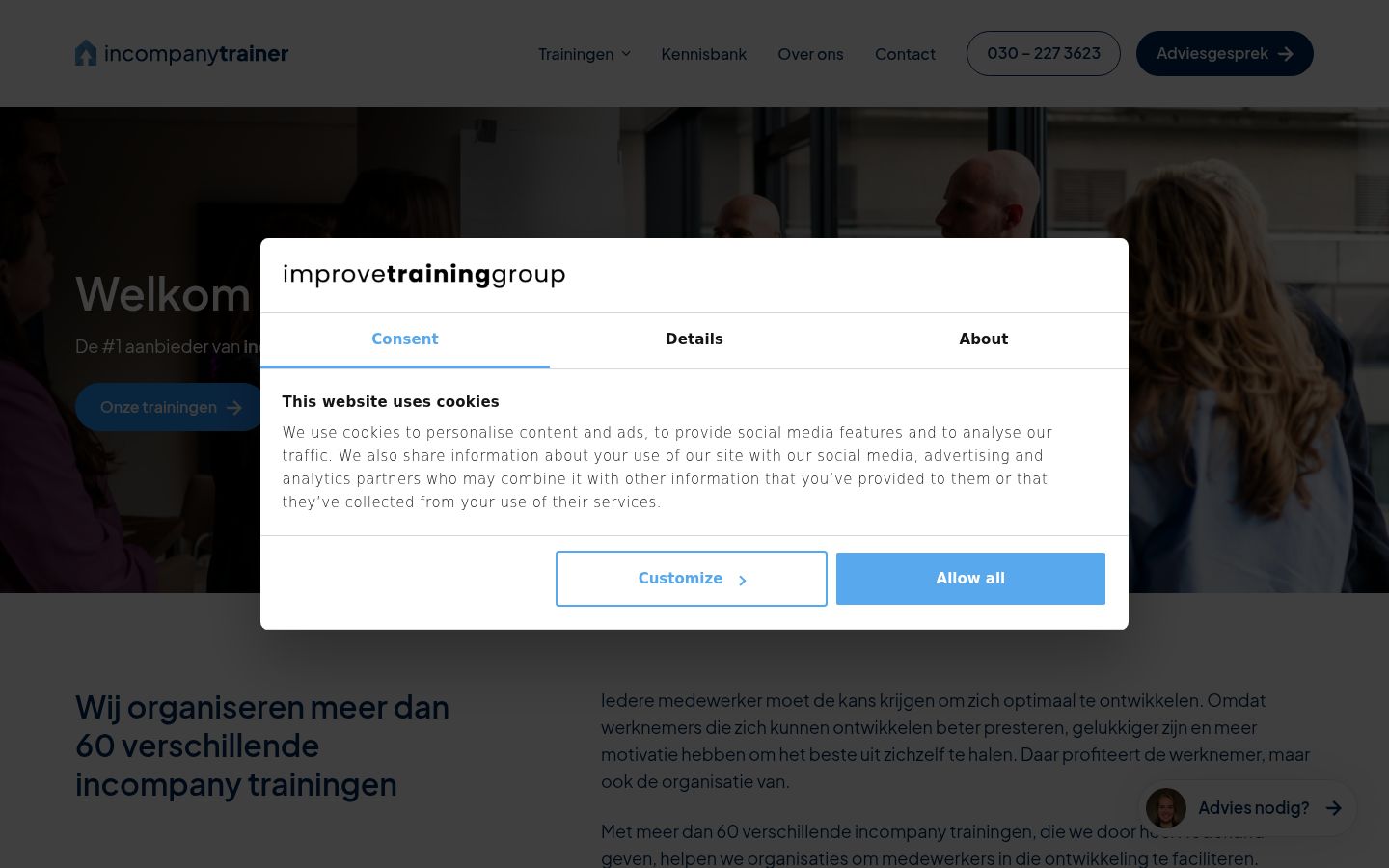 Screenshot del banner di consenso mostrato prima di qualsiasi interazione