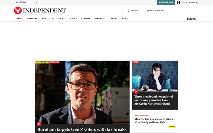 Snimka zaslona za independent.co.uk