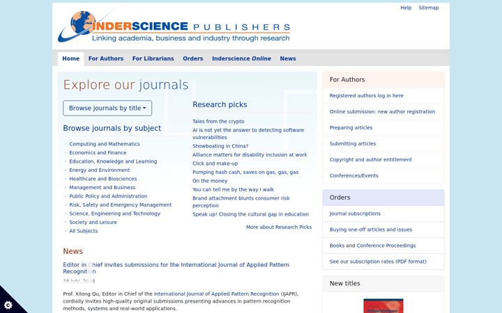 Captură de ecran a inderscience.com