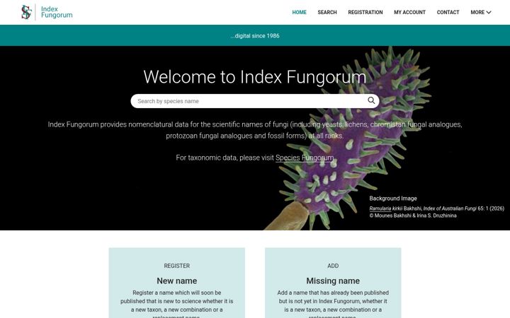 Screenshot of indexfungorum.org