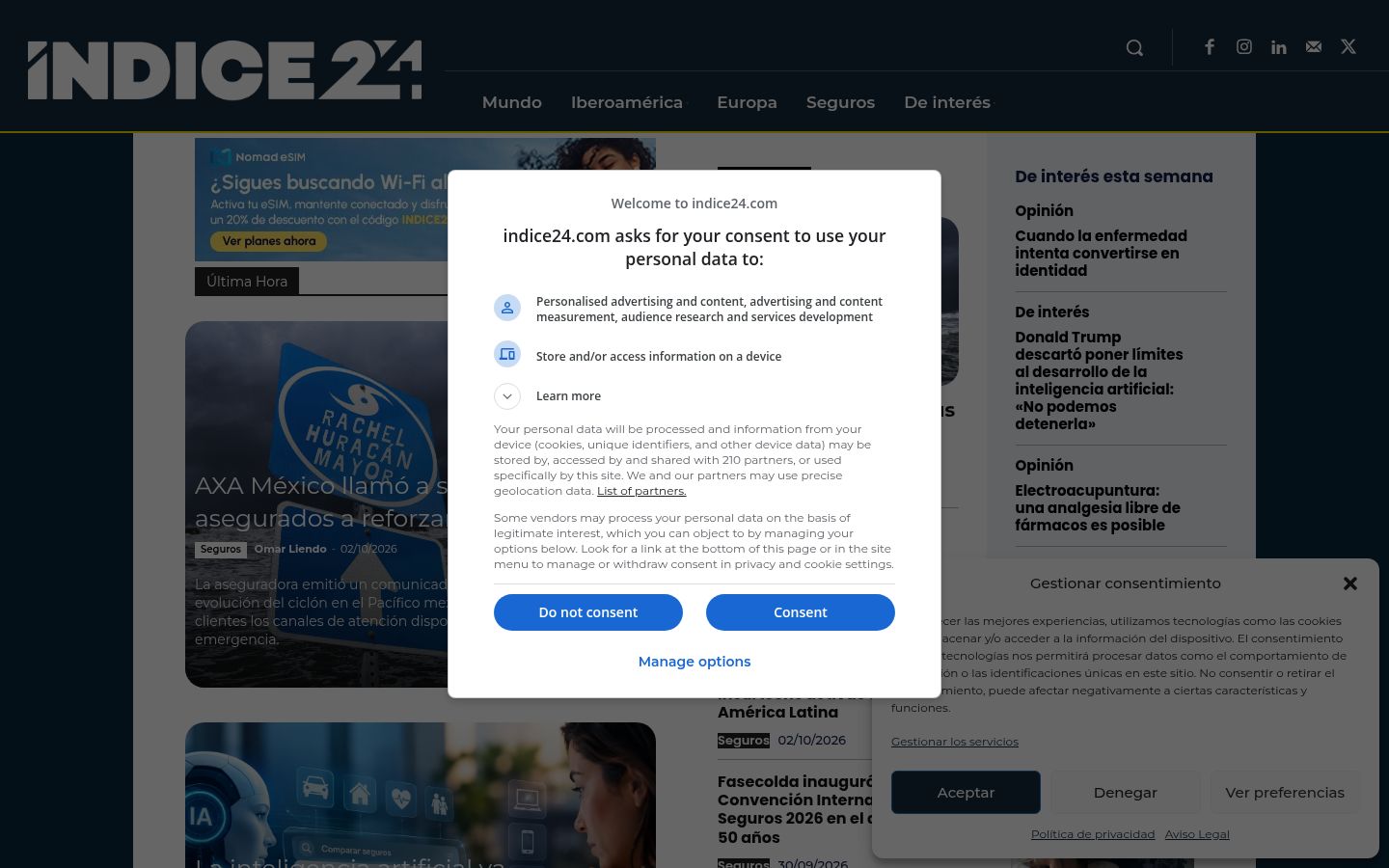 Képernyőkép a bármilyen interakció előtt megjelenő hozzájárulási bannerről