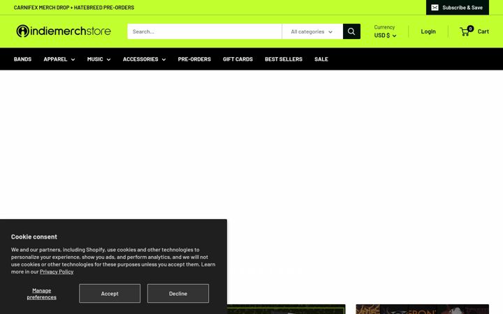 Kuvakaappaus sivustosta indiemerchstore.com