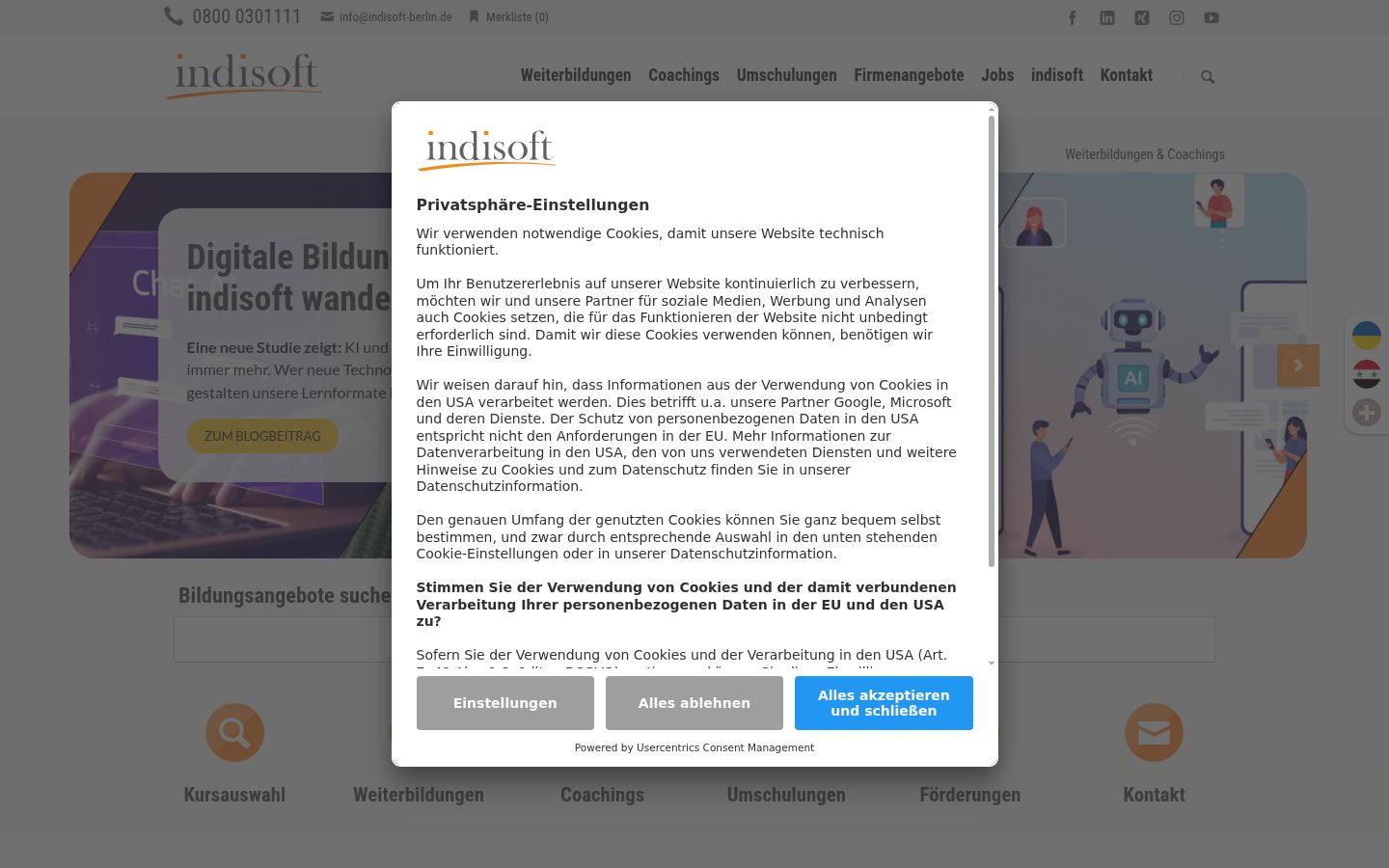 Captura de ecrã do banner de consentimento apresentado antes de qualquer interação