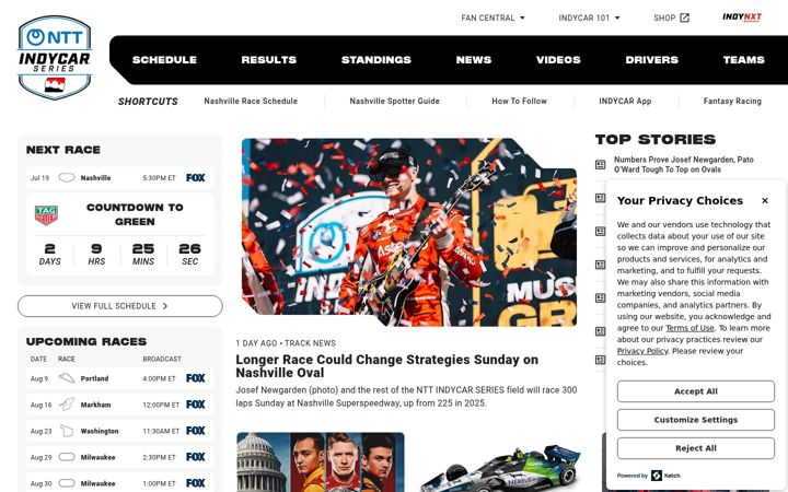 Skærmbillede af indycar.com
