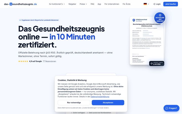 Screenshot of infektionsschutz-zertifikat.de