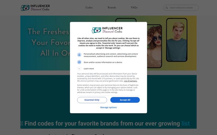 Képernyőkép: influencerdiscountcodes.com