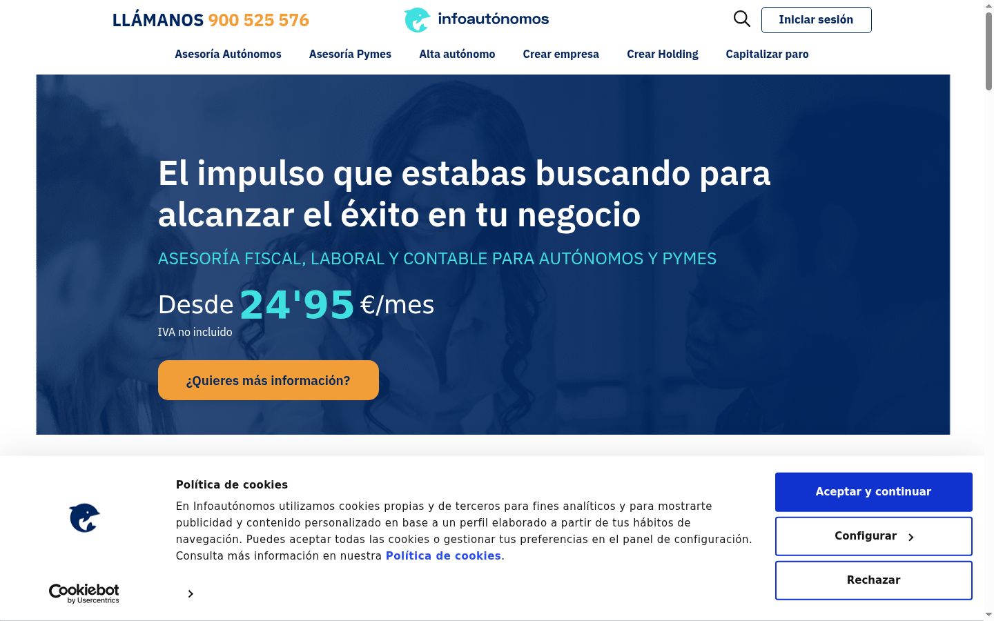 Captura de pantalla del banner de consentimiento mostrado antes de cualquier interacción