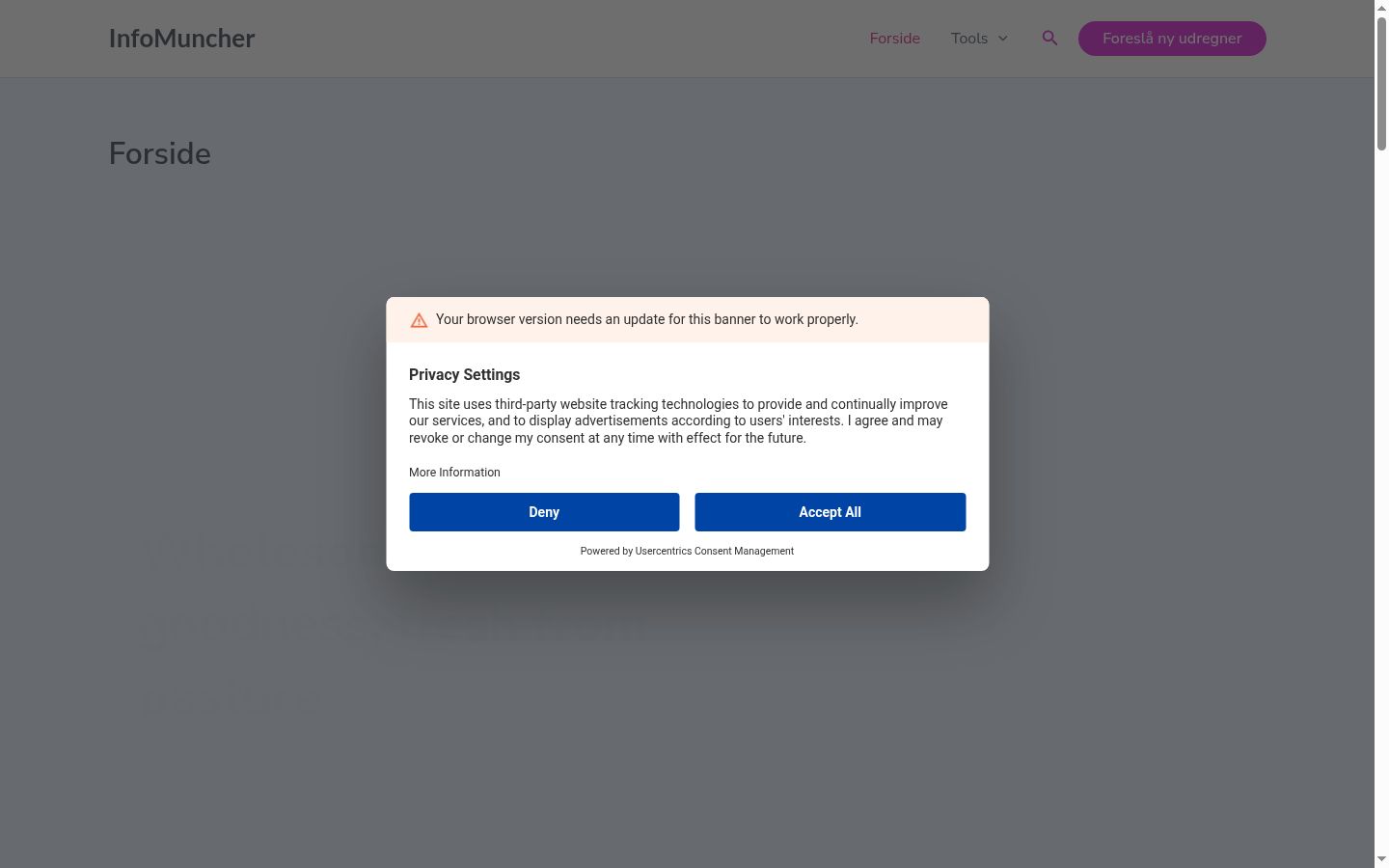 Screenshot del banner di consenso mostrato prima di qualsiasi interazione