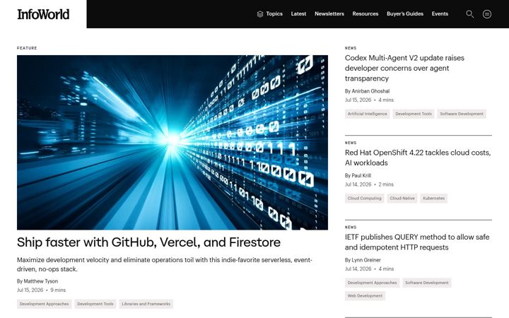 Captură de ecran a infoworld.com