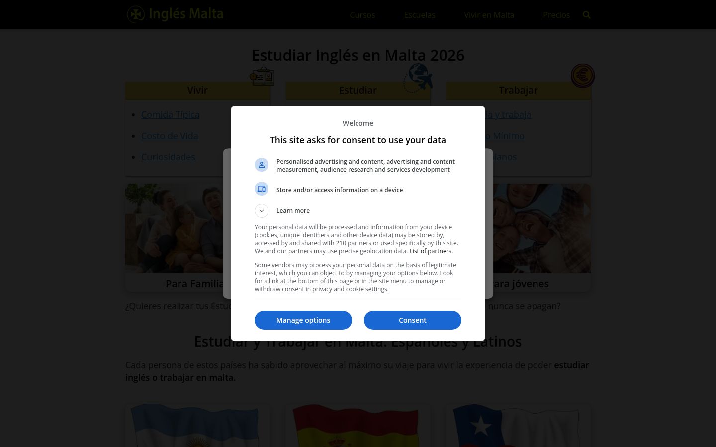Screenshot del banner di consenso mostrato prima di qualsiasi interazione