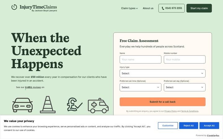 Screenshot of injurytimeclaims.co.uk