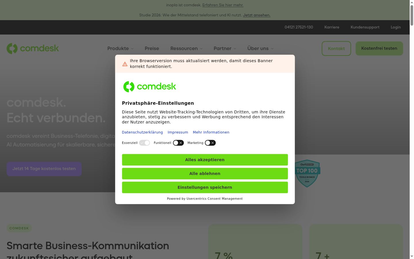 Skærmbillede af samtykkebanneret, som det blev vist før nogen interaktion
