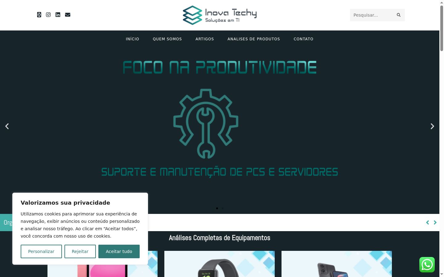 Captura de ecrã do banner de consentimento apresentado antes de qualquer interação