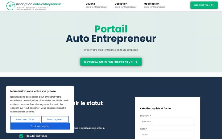 Screenshot of inscription-autoentrepreneur.com