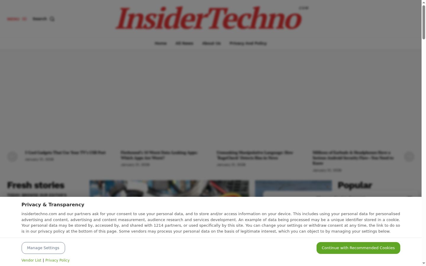 Screenshot del banner di consenso mostrato prima di qualsiasi interazione