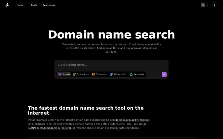 Ekrānuzņēmums no instantdomainsearch.com